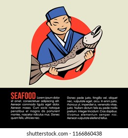 Japanese chef holding fresh fish. Vector logo of a Japanese restaurant. Fresh seafood.