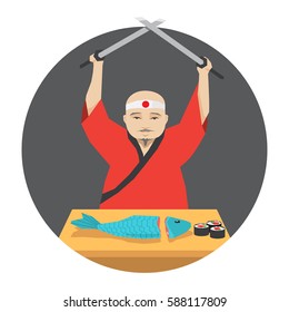 Japanese chef in kimono cooking fish sushi using two katana, vector illustration