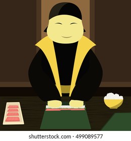 Japanese chef makes sushi. Vector illustration