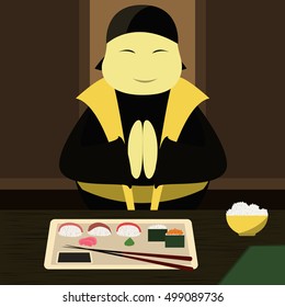 Japanese chef makes sushi. Vector illustration