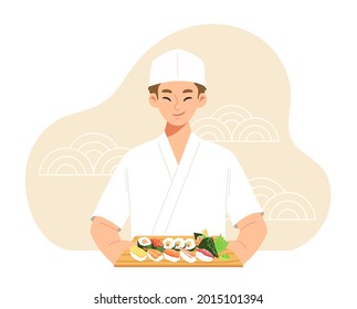 Japanese chef smiling and holding sushi set. Concept of Japanese food, testy, delicious, cooking, restaurant, traditional food, cuisine. Flat vector illustration cartoon character.