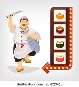 Japanese chef with sushi banner. Vector flat illustration