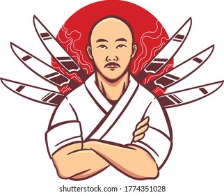  Ilustración de personajes de mascota vectorial del chef japonés