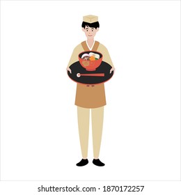 Japanese chef or waiter holding a tray with a traditional Japanese soup with rice cakes, vegetables, and other ingredients for a New year called Zoni on it