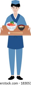 Japanese chef/waiter holding a tray with Japanese dishes on it
