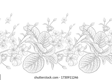 Cereza japonesa. Ramas de árboles florecientes con flores y hojas. Patrón ininterrumpido de vintage floral primaveral. Ilustración vectorial. Plantilla para el diseño de textiles, papel, papel pintado. Borde blanco y negro