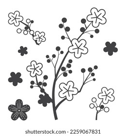 Japanese cherry blossom branches outline illustrations. Hand drawn sakura flowers isolated on white background.