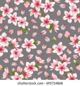 Japanese cherry blossom branches vector seamless pattern. Pink cherry flowers and petals textile, spring tree blossom fabric, branches with flowers on grey background. Flying petals vector.