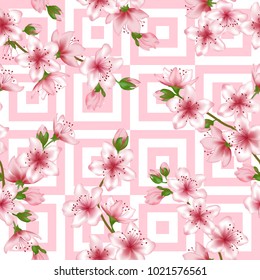 Japanese cherry blossom patter with pink white geometric seamless vector background. Tender sakura branch textile, apricot blossom fabric, japanese cherry spring flowering trees textile vector pattern