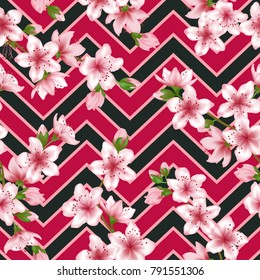 Japanese cherry blossom patter with red black geometric seamless vector background. Delicate sakura branch textile, apricot blossom fabric, japanese cherry spring flowering trees repeating background.