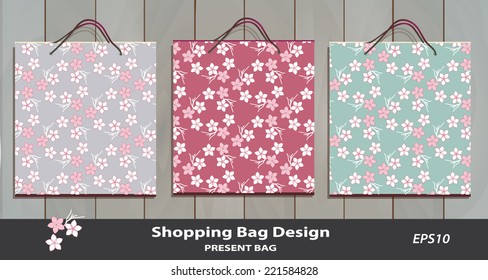 Japanese Cherry Blossom pattern Gift Bag set. Identity Design Template. Present package template for life events, retail, boutiques, souvenirs. Editable eps10 contains the pattern swatch. Sakura icon