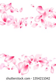 Japanese cherry blossom pink flying petals windy blowing background. Isolated flower parts wedding decoration vector. SPA beauty illustration of sakura bloom petals. Anniversary background.