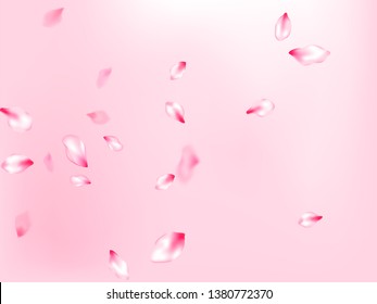 Japanese cherry blossom pink flying petals on rose color background. Isolated flower parts wedding decoration vector. Realistic peach flolwer petals natural decor. Birthday card backdrop.