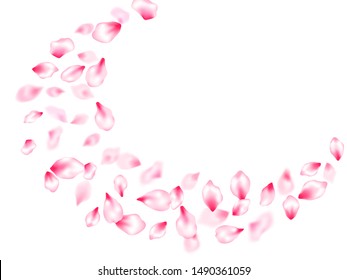 Japanese cherry blossom pink flying petals windy blowing background. Park graphic elements. Realistic peach flolwer petals natural decor. Isolated flower parts wedding decoration vector.