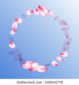 Japanese cherry blossom pink flying petals on blue sky background. Fresh blowing backdrop. Realistic peach flower petals natural decor. Isolated flower parts wedding decoration vector.