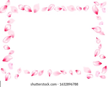Japanese cherry blossom pink flying petals windy blowing background. Isolated flower parts wedding decoration vector. Natural marrige decor of chinese cherry petals. Close up bloom elements.