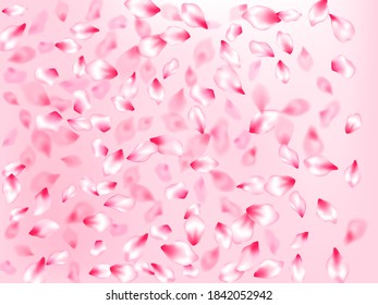 Japanese cherry blossom pink flying petals on rose color background. Delicate spring vector. Flower blossom particles, petals rain shower. Isolated flower parts wedding decoration vector.