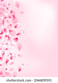 Japanese cherry blossom pink flying petals on rose color background. Bloom 3d particles. Realistic peach flolwer petals natural decor. Isolated flower parts wedding decoration vector.