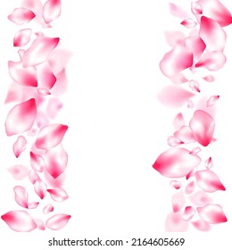 Japanese cherry blossom pink flying petals windy blowing background. Isolated flower parts wedding decoration vector. Pastel pink blossom petals floral design. Delicate spring vector.