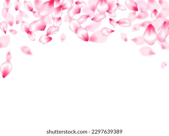 Japanese cherry blossom pink flying petals windy blowing background. Isolated flower parts wedding decoration vector. Pastel rose color apple flower petals design. Blur effect bloom parts.