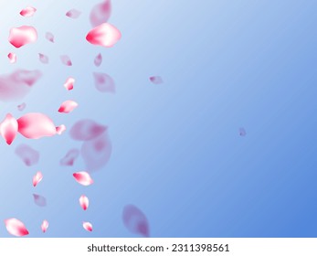 Japanese cherry blossom pink flying petals on blue sky background. Birthday card backdrop. Natural marrige decor of chinese cherry petals. Isolated flower parts wedding decoration vector.