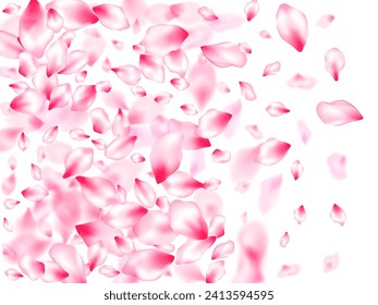 Japanese cherry blossom pink flying petals windy blowing background. Isolated flower parts wedding decoration vector. Natural marrige decor of chinese cherry petals. Blured texture elements.