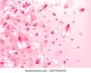 Japanese cherry blossom pink flying petals on rose color background. Isolated flower parts wedding decoration vector. Pastel pink blossom petals floral design. Spring season backdrop.