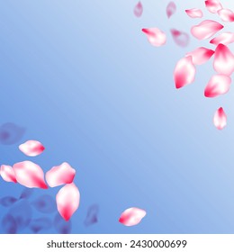 Japanese cherry blossom pink flying petals on blue sky background. Isolated flower parts wedding decoration vector. Realistic peach flolwer petals natural decor. Abstract card backdrop.