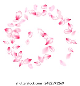 Japanese cherry blossom pink flying petals windy blowing background. Fresh blowing backdrop. Natural marrige decor of chinese cherry petals. Isolated flower parts wedding decoration vector.