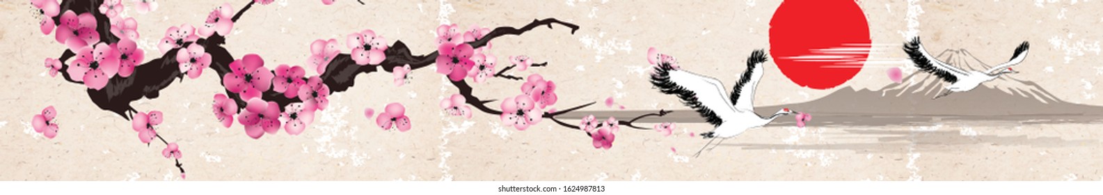 Japanese cherry blossom sakura branch on a background of the sun and flying herons