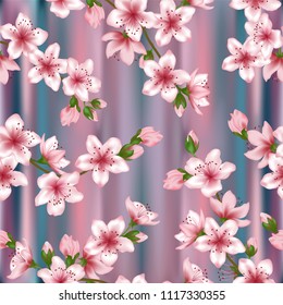 Japanese cherry blossom  sakura branches vector seamless pattern. Linen fabric, textile vector background. Pink cherry flowers on puprle textile, spring tree blossom fabric, branches with flowers.