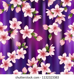 Japanese cherry blossom  sakura branches vector seamless pattern. Linen fabric, textile vector background. Cherry flowers pink ultra violet textile, spring tree blossom fabric, branches with flowers.