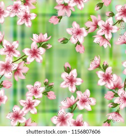 Japanese cherry blossom  sakura branches vector seamless pattern. Linen textile vector background. Cherry flowers textile, spring tree blossom fabric, branches with pink flowers on chechered green.