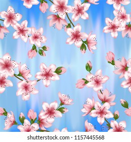 Japanese cherry blossom  sakura branches vector seamless pattern. Linen fabric, wallpaper vector background. Pink cherry flowers on blue textile, spring tree blossom fabric, branches with flowers.