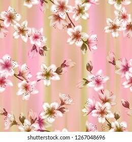 Japanese cherry blossom  sakura branches vector seamless pattern. Linen fabric, textile, wallpaper vector background. Cherry flowers textile, spring tree blossom fabric, branches with flowers.