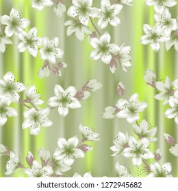 Japanese cherry blossom  sakura branches vector seamless pattern. Linen fabric, textile, wallpaper vector background. Cherry flowers textile, spring tree blossom fabric, branches with flowers in green