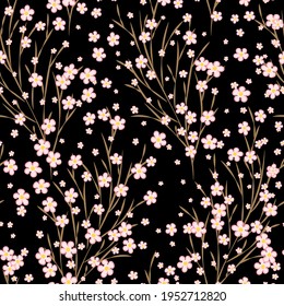 Japanese cherry blossom sakura branches vector seamless pattern. Linen fabric, wallpaper vector background. Pink cherry flowers textile print, spring tree blossom fabric, branches with flowers.