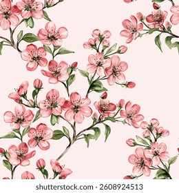 Japanese cherry blossom sakura branches vector seamless pattern. Linen fabric, wallpaper vector background. Pink cherry flowers textile print, spring tree blossom fabric, branches with flowers.