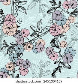 Japanese cherry blossom sakura seamless pattern. Linen fabric, wallpaper background. Cherry flowers textile print, spring tree blossom fabric, rosy simple flowers.