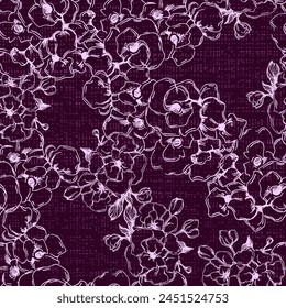 Japanese cherry blossom sakura seamless pattern. Linen fabric, wallpaper background. Cherry flowers textile print, spring tree blossom fabric, rosy simple flowers.