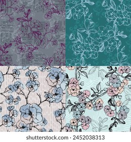 Japanese cherry blossom sakura seamless pattern. Linen fabric, wallpaper background. Cherry flowers textile print, spring tree blossom fabric, rosy simple flowers.