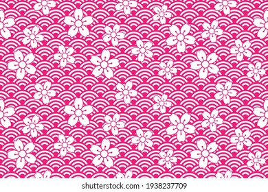 Japanese Cherry Blossom Seamless Pattern Background. Design For Pillow, Print, Fashion, Clothing, Fabric, Gift Wrap. Mockup Template Mask Face Seamless Pattern. Vector.