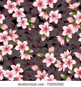 Japanese cherry blossom vector seamless pattern. Pink cherry flowers, buds, petals textile, spring tree blossom fabric, branches with flowers and flying petals. Bloom fabric textile vector background.