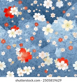 Japanese Cherry Blossoms Kimono Yukata Pink Red Blue White Sakura Colorful Seamless Pattern Wallpaper Curtain Bedding Background Upholstery Gift Wrapping Paper Vector