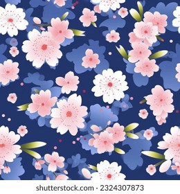 Japanese Cherry Blossoms Sakura Kimono Yukata Seamless Pattern Wallpaper Navy Blue Background