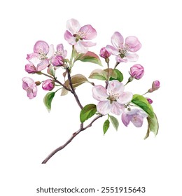 Ilustração de vetor de ramo de cereja japonês. Blooming galho isolado, primavera árvore flor flor flor projeto floral. Vetor simples do ramo da árvore florida da primavera. Clipart de flores de maçã.