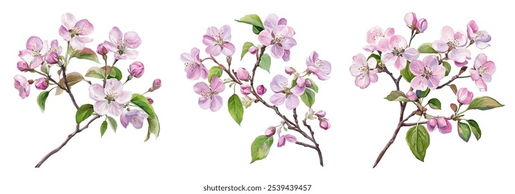 Japanese cherry branches set vector illustration. Blooming twigs isolated, springtime tree flower blossoms floral design. Simple spring flowering tree branches vector set. Apple flowers clipart.