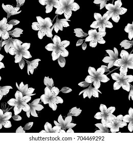 Japanese cherry flower blossom branches black and white vector seamless pattern. Flowers bloom tree branches textile, spring blossom fabric, monochrome blooming branches.