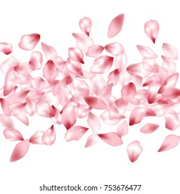 Japanese cherry flower parts blossom petals flying vector elements isolated on white background illustration. Flying flower elements wedding invitation pink petals pattern, valentine background vector
