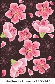 Japanese cherry flowers blossom branches vector seamless pattern. Pink flowers textile, spring cherry blossom fabric. Vector illustration.